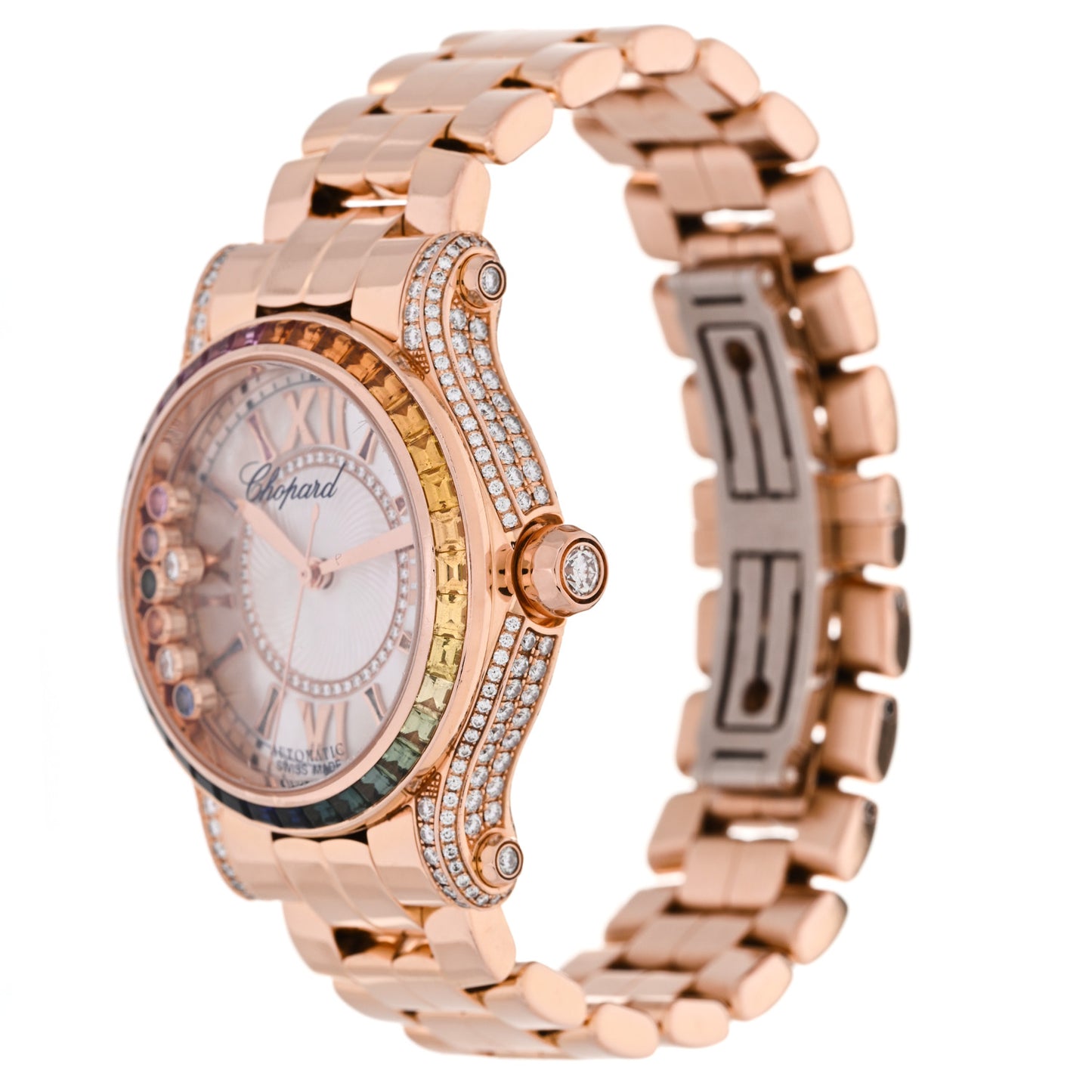 18K Rose Gold Diamond Mother of Pearl Multicolor Sapphire 36mm Happy Sport Automatic Watch