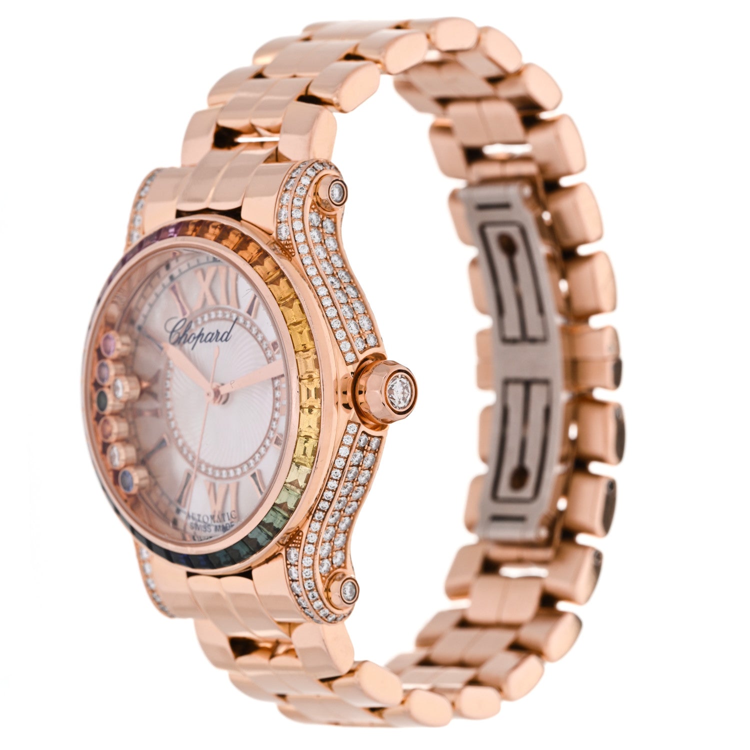 Chopard 18K Rose Gold Diamond Mother of Pearl Multicolor Sapphire 36mm Happy Sport Automatic Watch 2 of 6