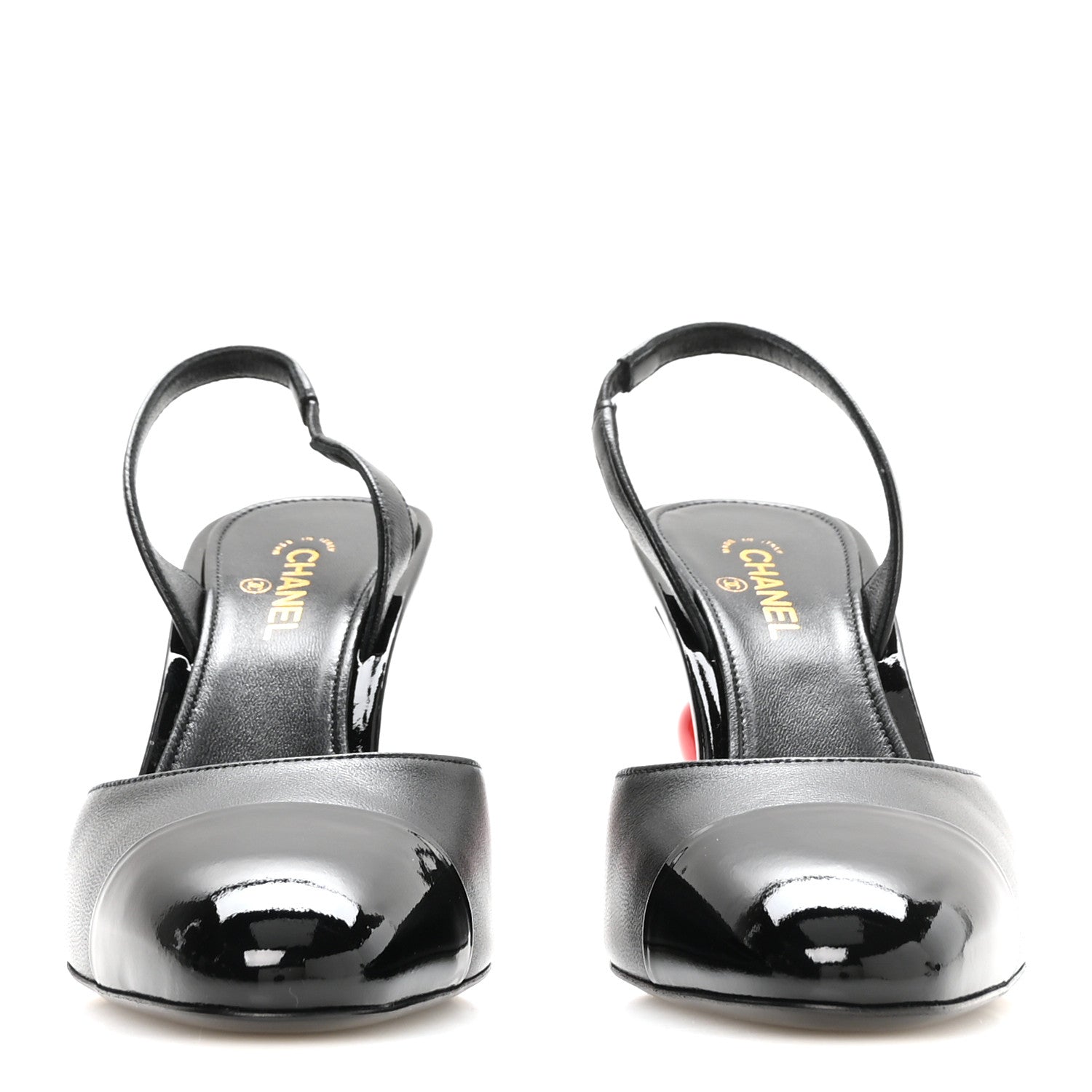 Chanel Lambskin Patent Calfskin Cap Toe CC Apple Slingback Pumps 37.5 Black 3 of 9