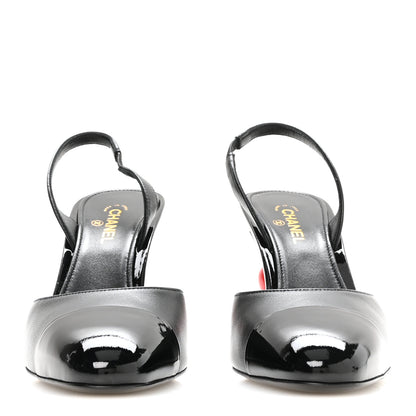 Chanel Lambskin Patent Calfskin Cap Toe CC Apple Slingback Pumps 37.5 Black 3 of 9