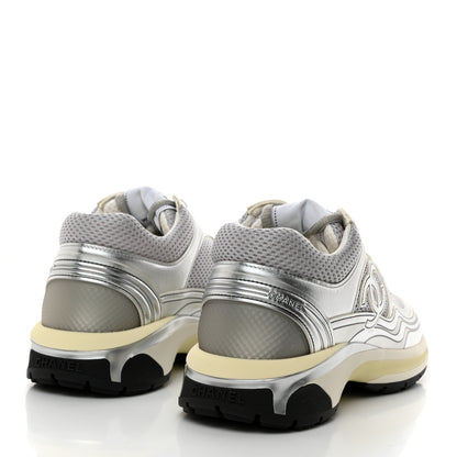 Chanel Fabric Laminated Calfskin Stretch CC Sneakers 39 White Silver 4 of 9