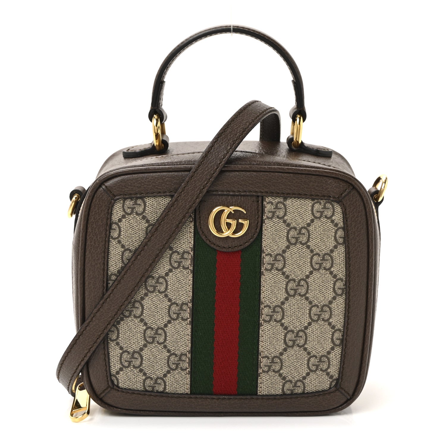 Gucci GG Supreme Monogram Textured Dollar Calfskin Mini Ophidia Top Handle Square Shoulder Bag Beige Ebony New Acero 1 of 9