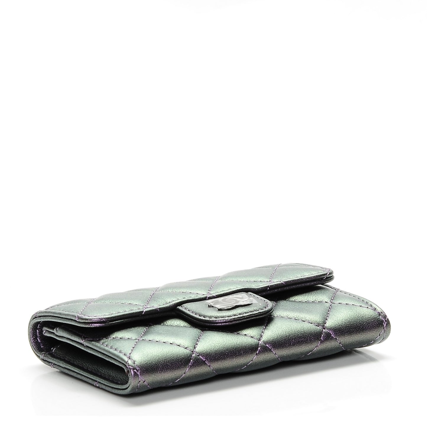 Metallic Lambskin Quilted Flap Card Holder Dark Purple