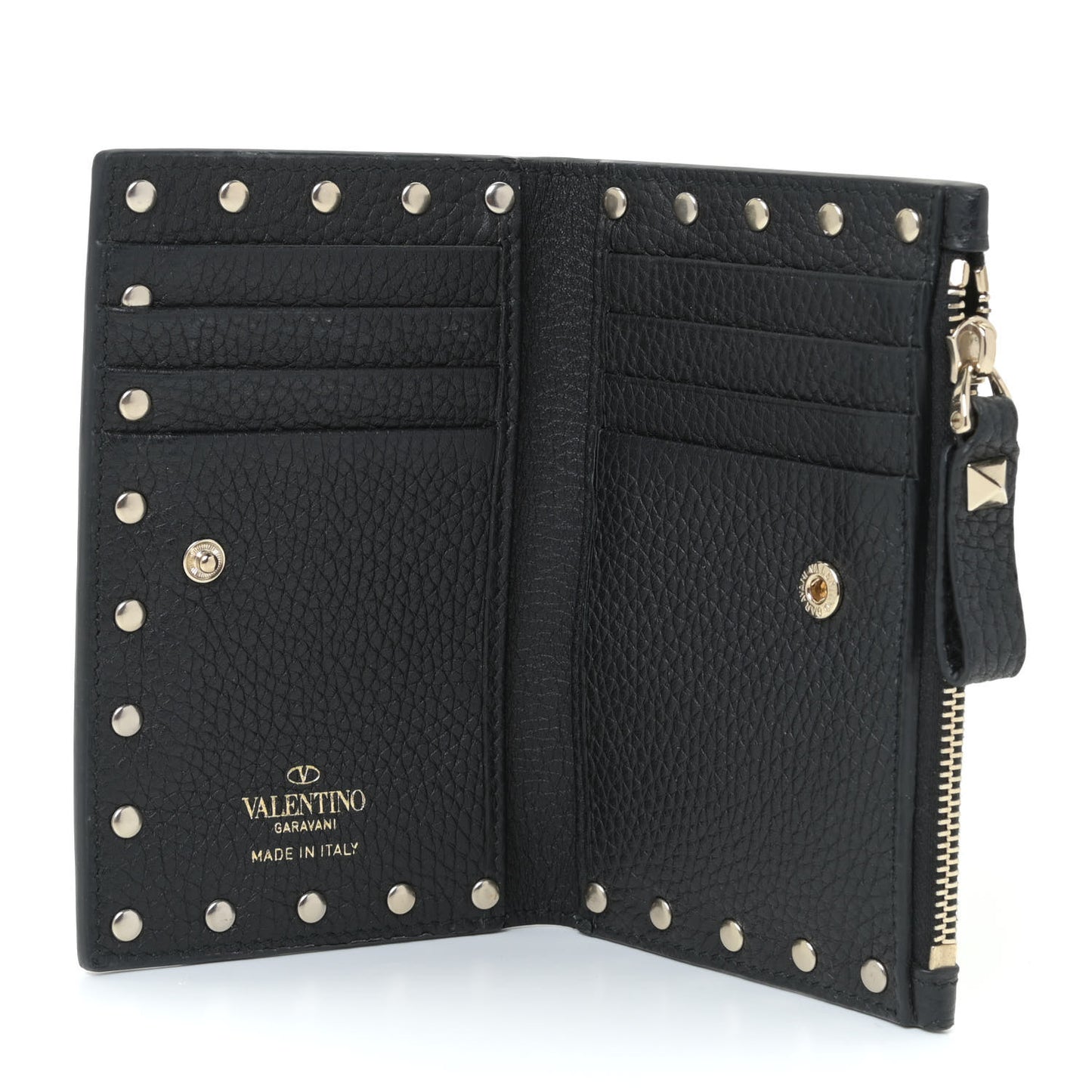 Pebbled Calfskin Rockstud Coin Case Card Holder Black