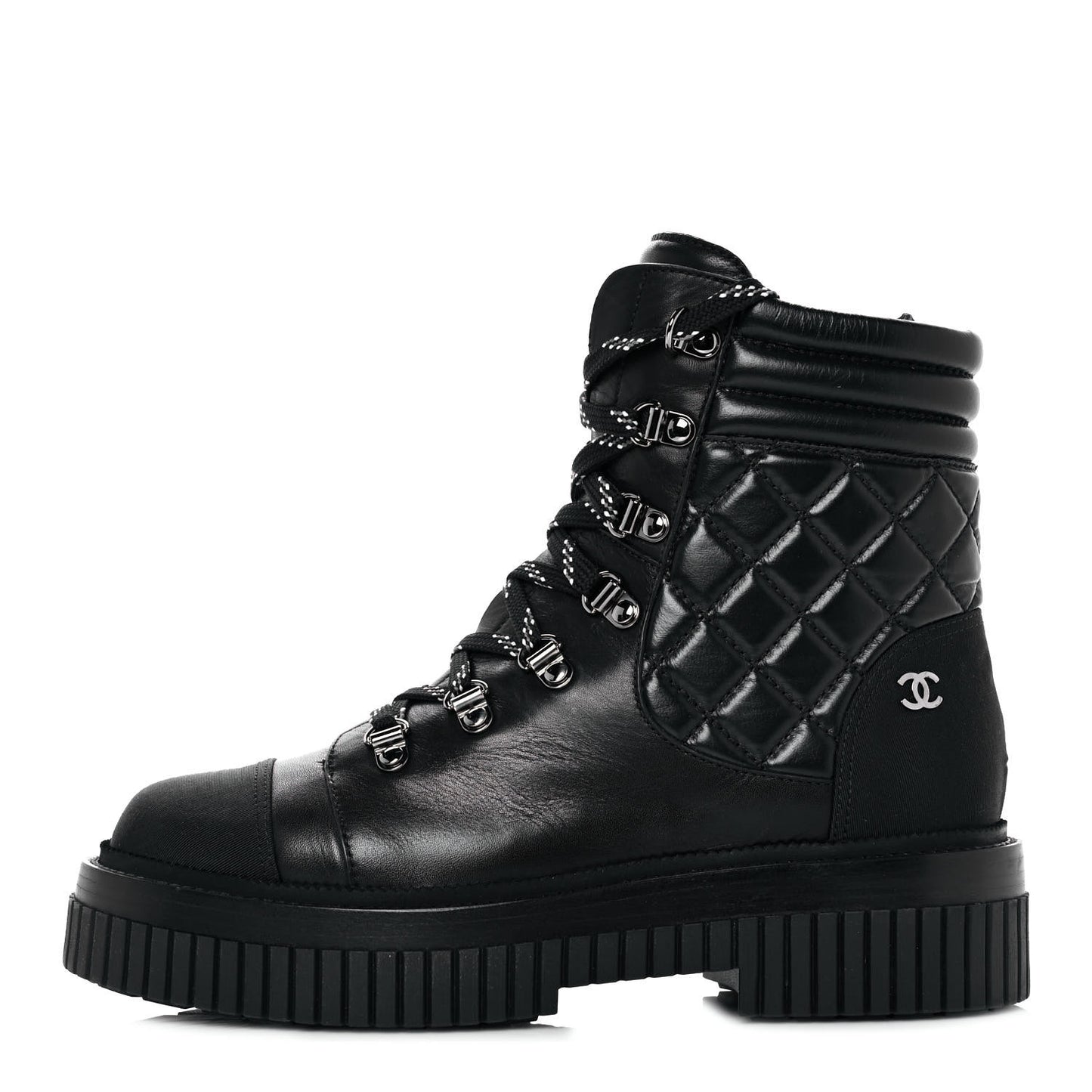 Calfskin Grosgrain Quilted Lace Up Boots 38 Black Grey