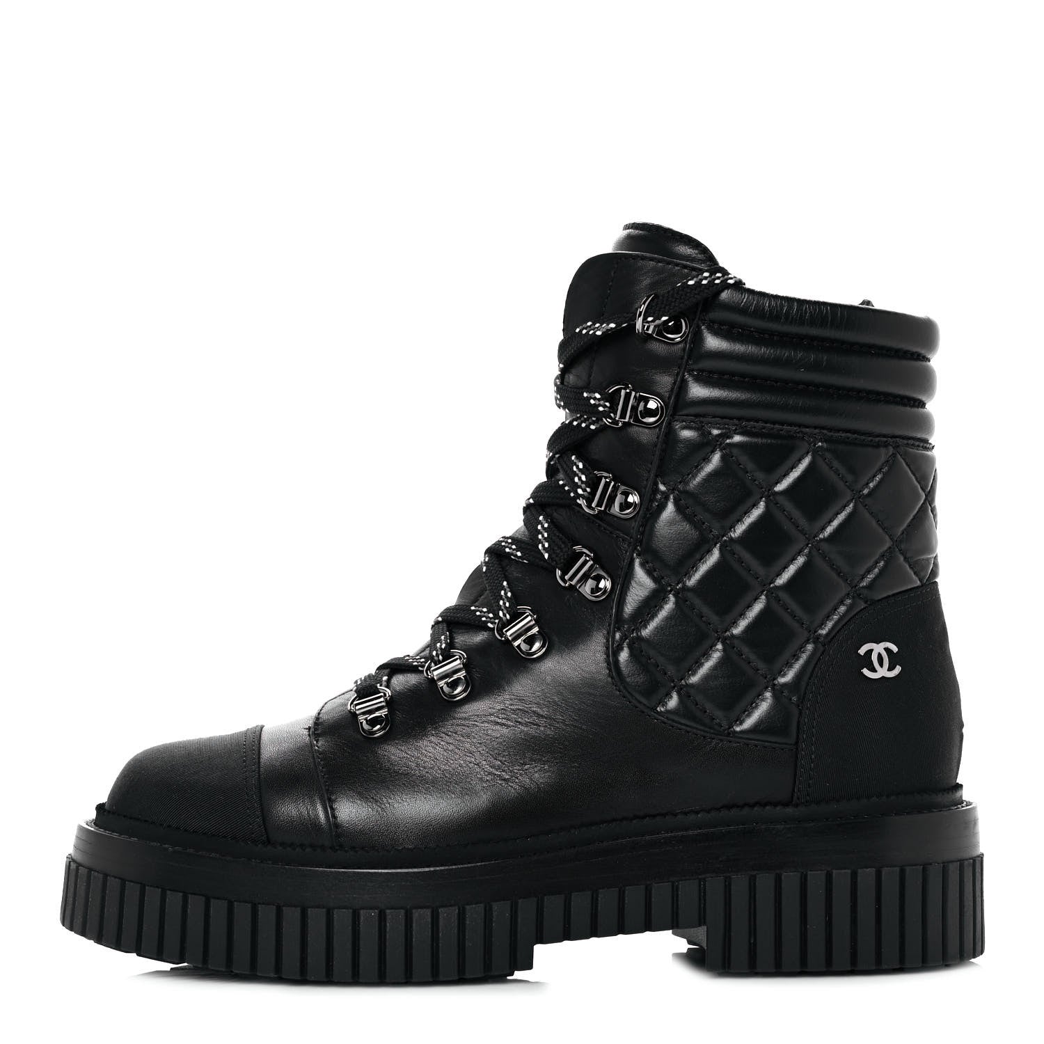 Chanel Calfskin Grosgrain Quilted Lace Up Boots 38 Black Grey 1 of 7