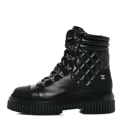 Chanel Calfskin Grosgrain Quilted Lace Up Boots 38 Black Grey 1 of 7