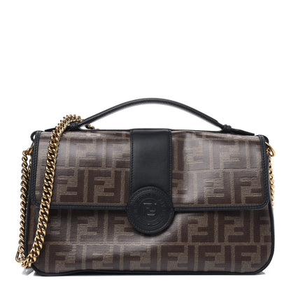 Fendi Vitello Grace Glazed Fabric FF 1974 Double F Shoulder Bag Black Mogano Panna 1 of 5