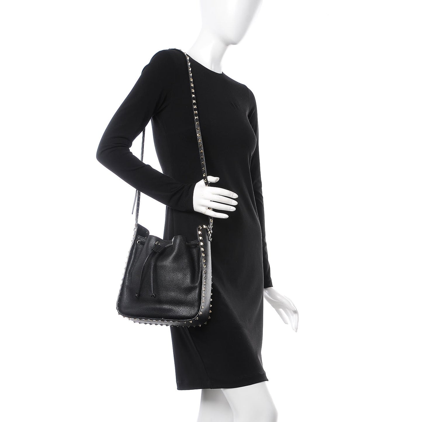 Grained Calfskin Rockstud Bucket Bag Black