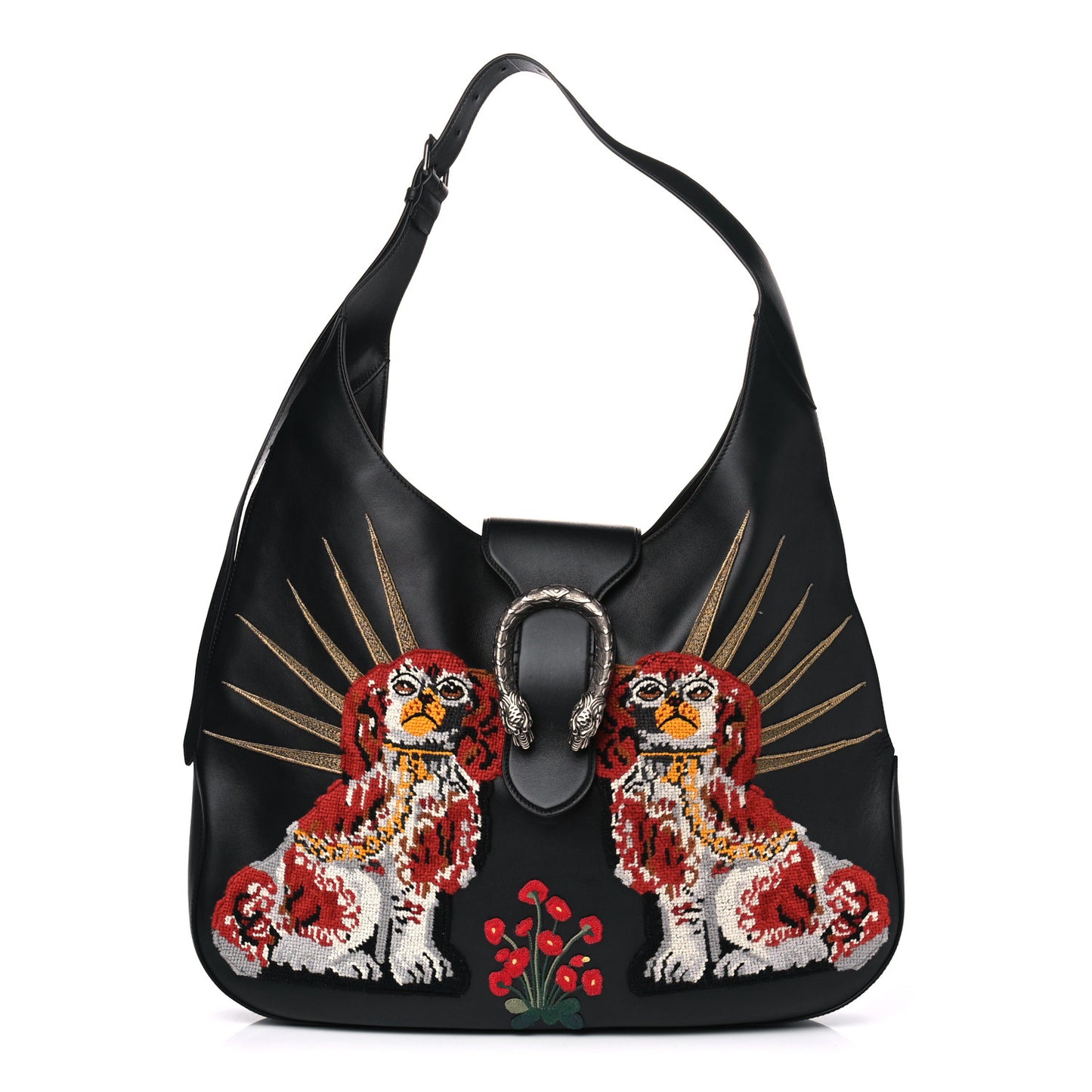 Calfskin Dog Embroidered Extra Large Dionysus Hobo Black