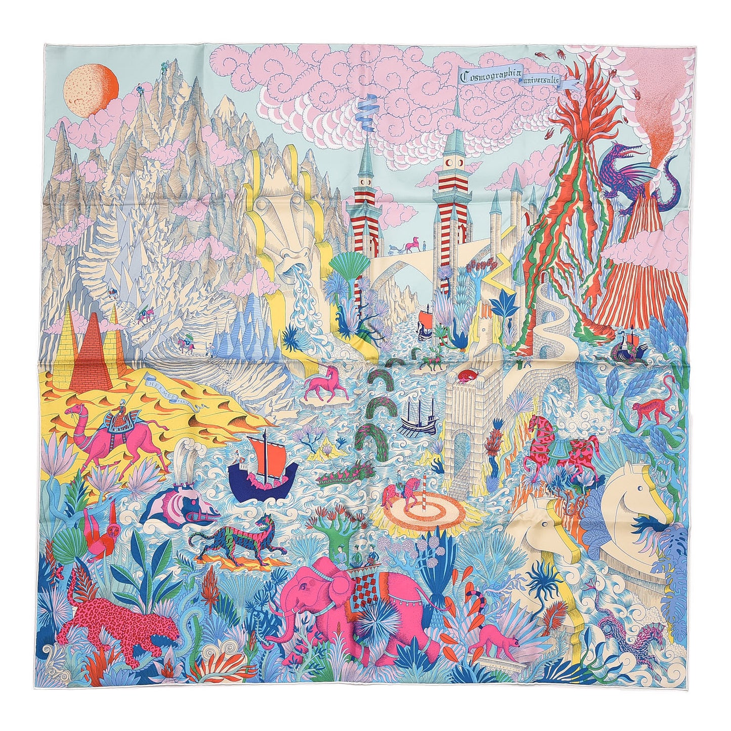 Silk Cosmographia Universalis Scarf 90 Turquoise Jaune Rose