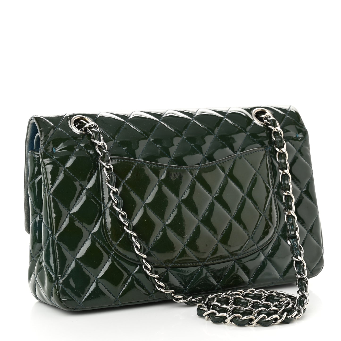 Patent Calfskin Quilted Medium Double Flap Green
