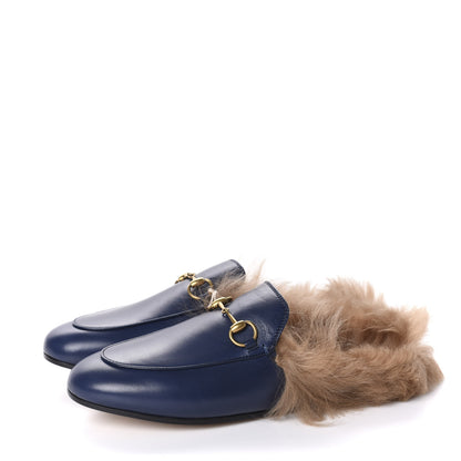 Gucci Malaga Kid Fur Womens Princetown Slippers 38 Blue Agata 3 of 9
