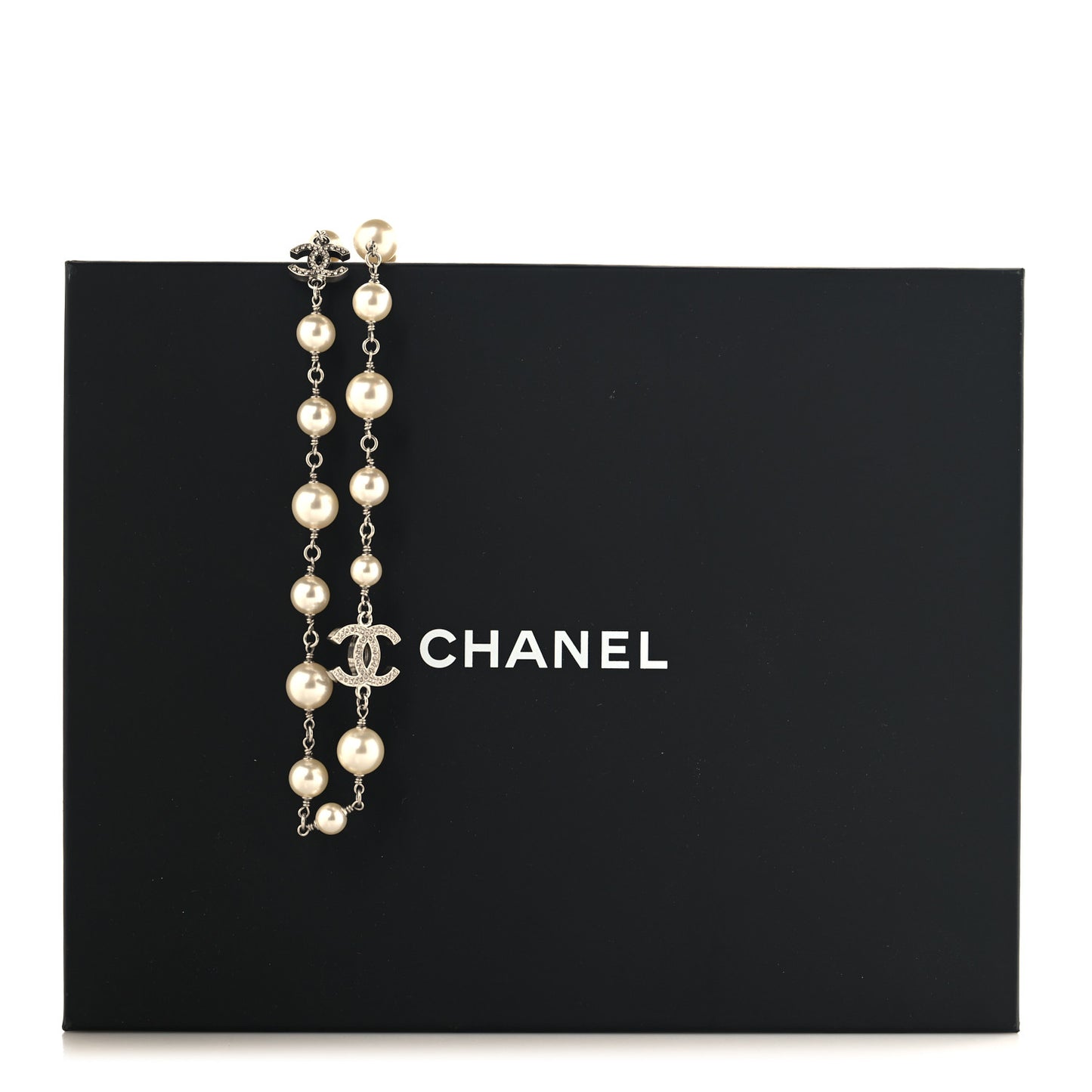 Crystal Pearl CC Long Necklace Silver