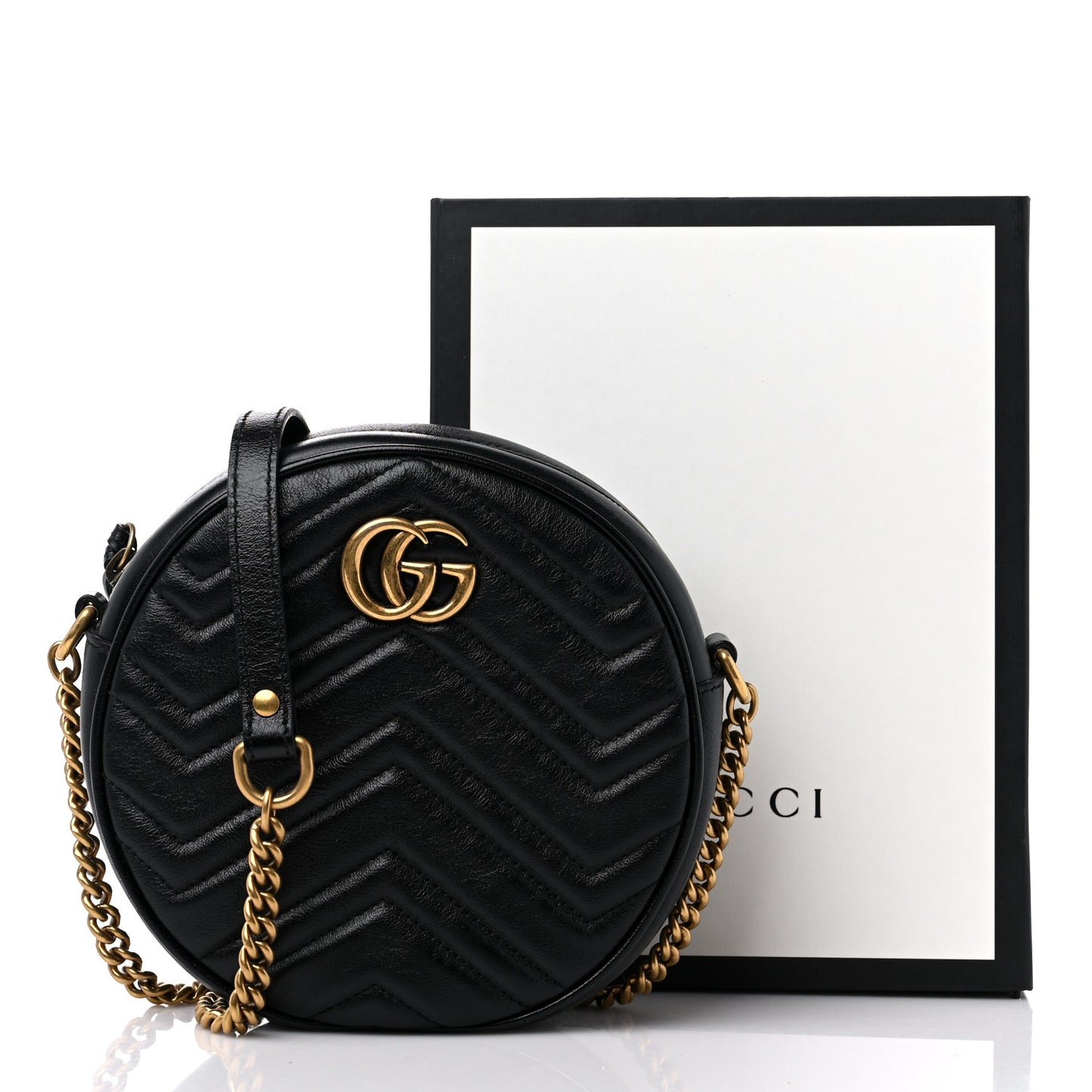 Azalea Calfskin Matelasse Heart Mini GG Marmont Round Shoulder Bag Black