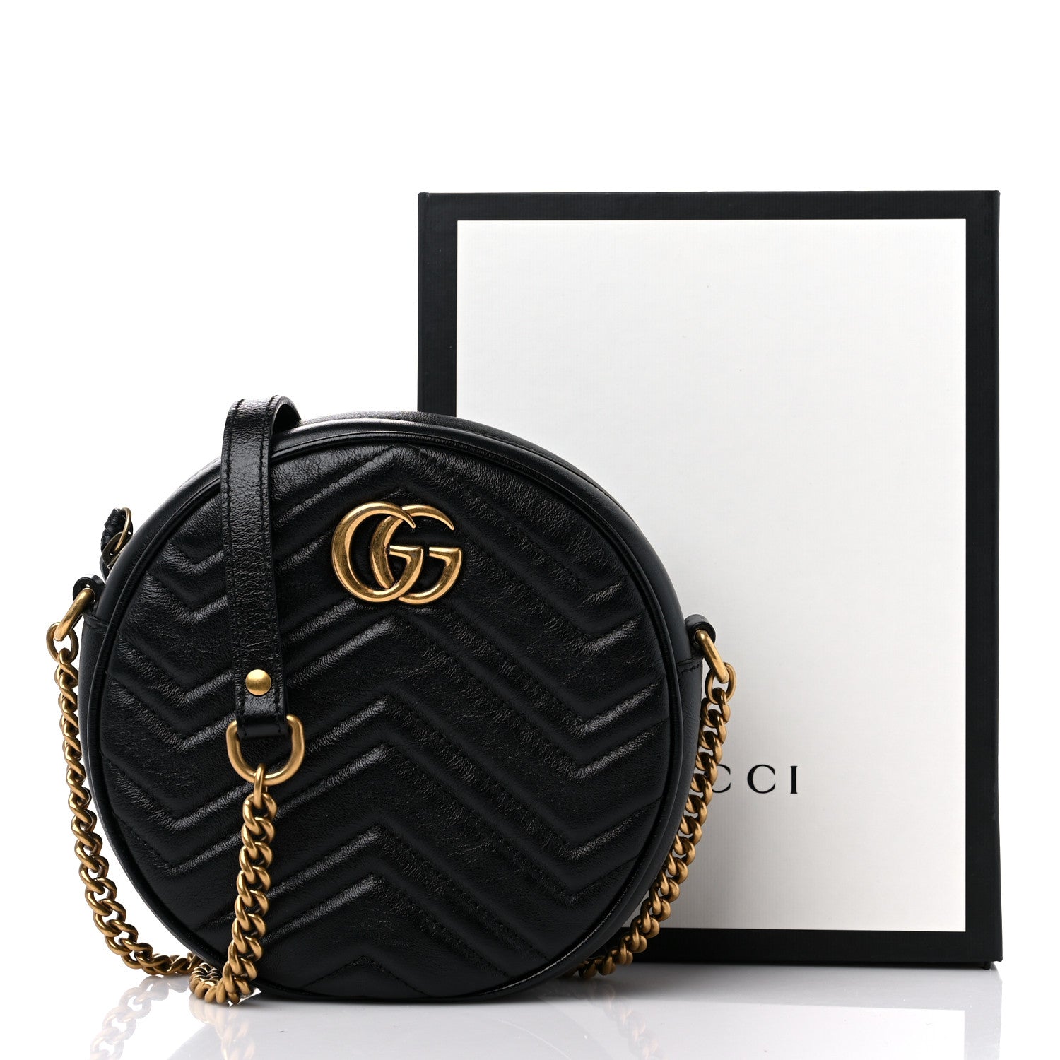 Gucci Azalea Calfskin Matelasse Heart Mini GG Marmont Round Shoulder Bag Black 11 of 11