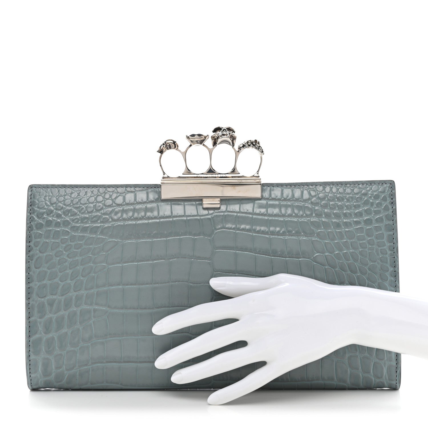 Alexander McQueen Calfskin Crocodile Embossed Knuckle Flat Clutch Light Blue 2 of 7