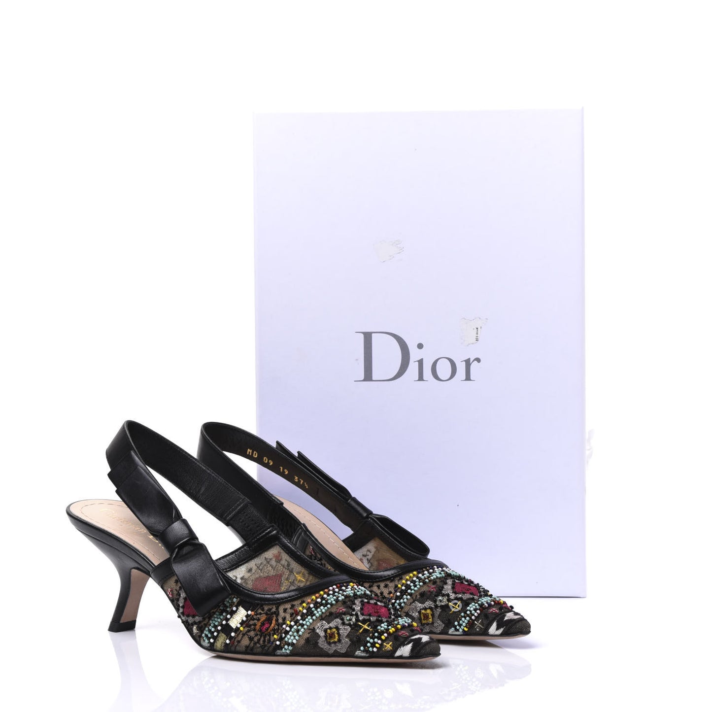 Calfskin Embroidered Beaded Sweet D Slingback Pumps 37.5 Black Turquoise