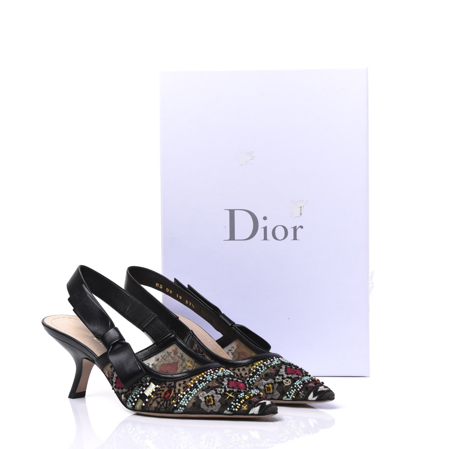 Christian Dior Calfskin Embroidered Beaded Sweet D Slingback Pumps 37.5 Black Turquoise 9 of 9