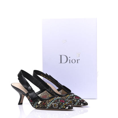 Christian Dior Calfskin Embroidered Beaded Sweet D Slingback Pumps 37.5 Black Turquoise 9 of 9