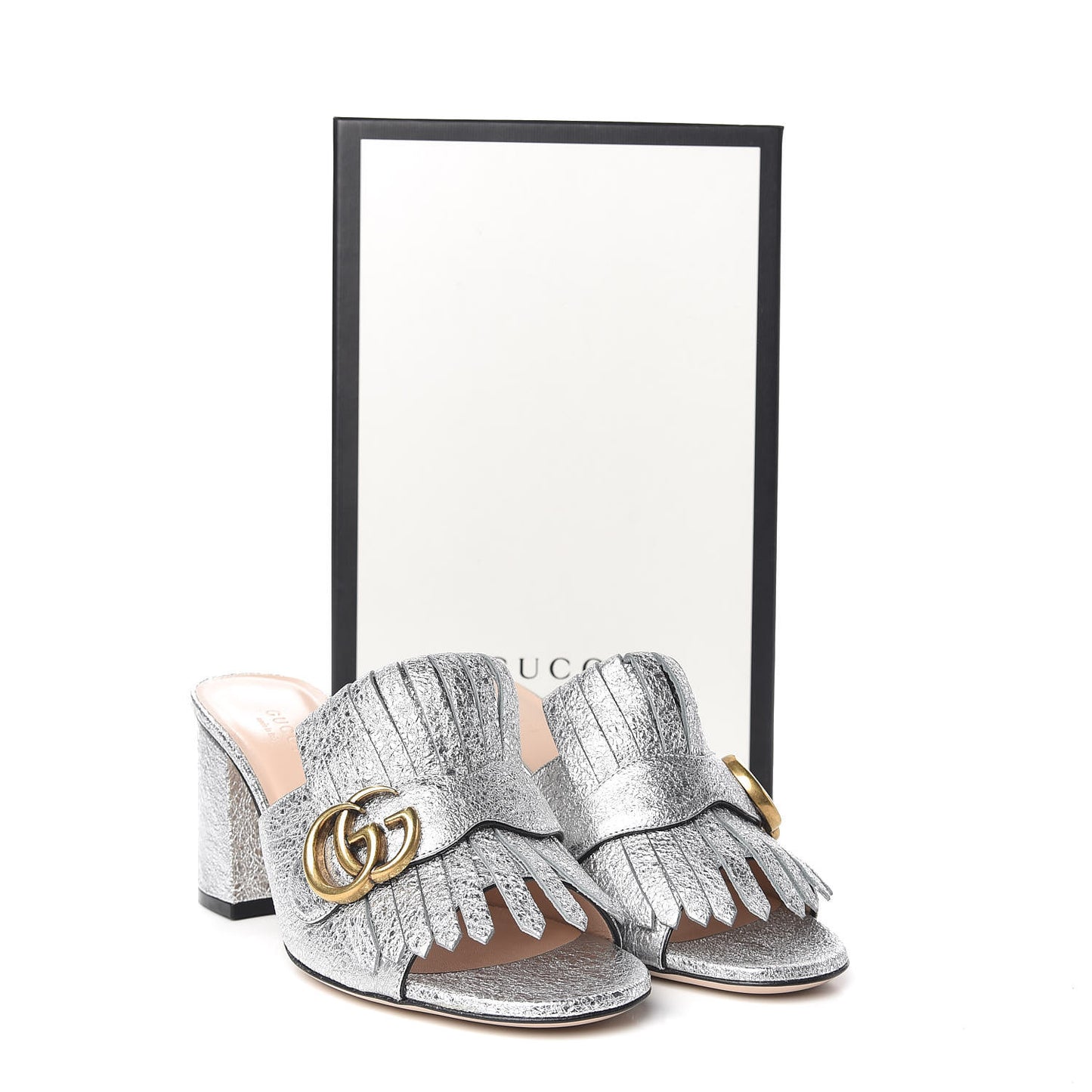 Galassia GG Marmont Fringe 75mm Slide Sandals 37.5 Argento