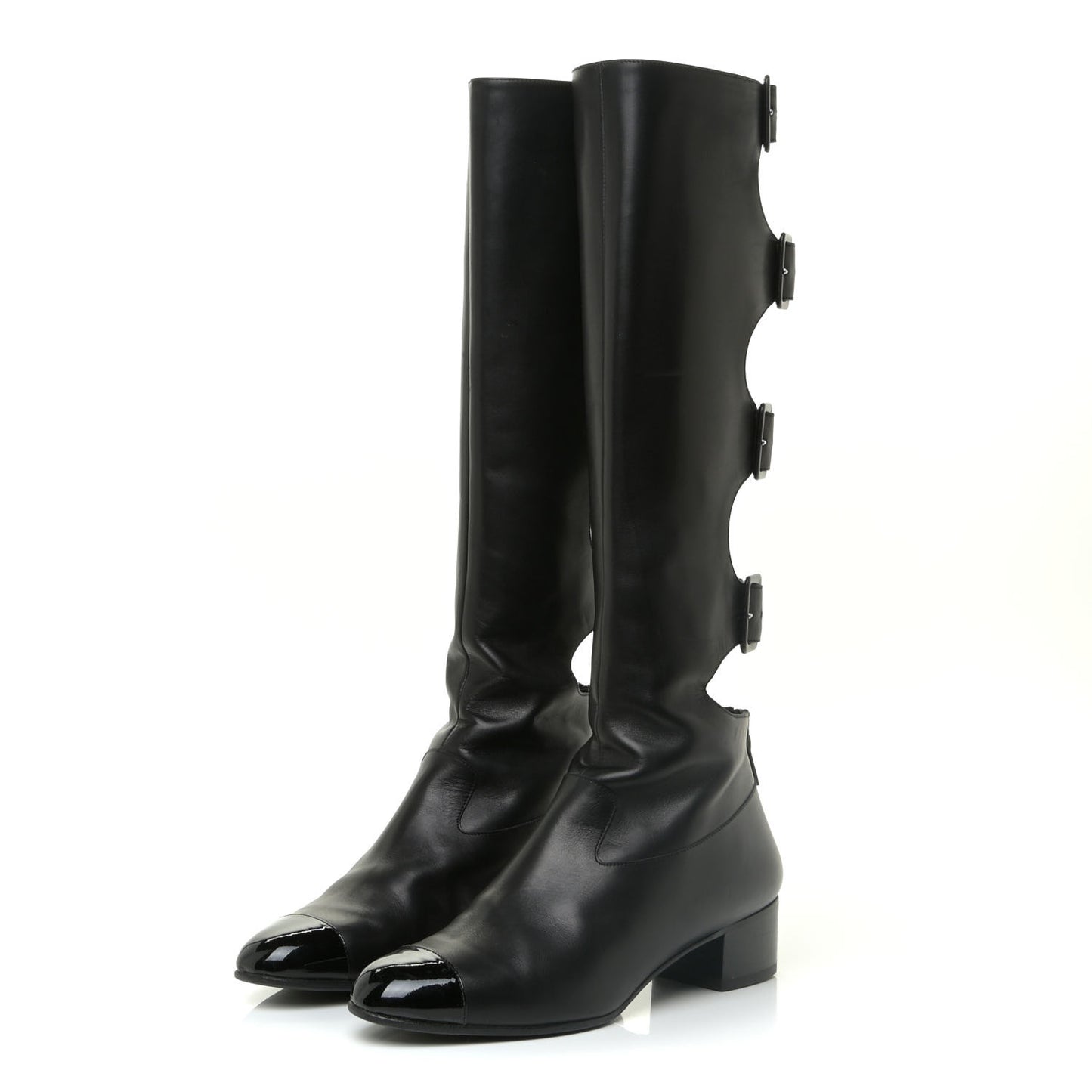 Lambskin Patent Cut Out Buckle Cap Toe Knee High Boots 39 Black
