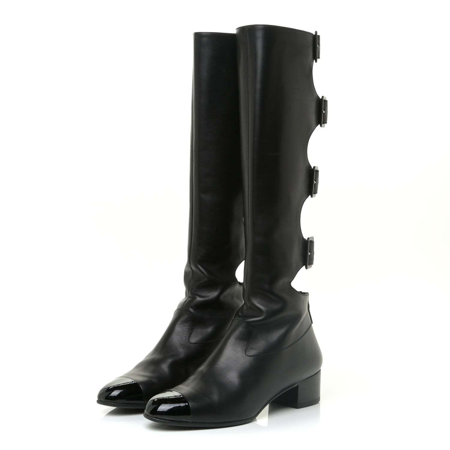 Chanel Lambskin Patent Cut Out Buckle Cap Toe Knee High Boots 39 Black 3 of 11