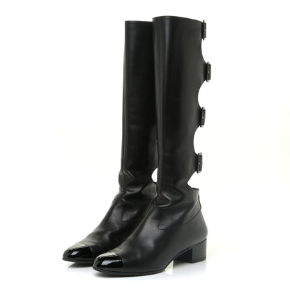 Chanel Lambskin Patent Cut Out Buckle Cap Toe Knee High Boots 39 Black 3 of 11