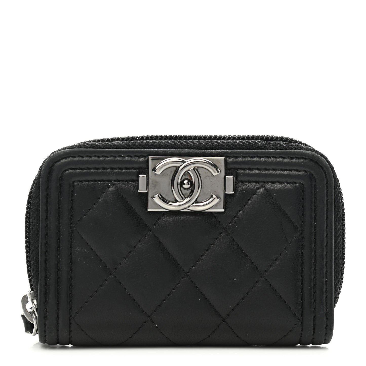 Lambskin Quilted Zip Around Boy Coin Purse Wallet Black