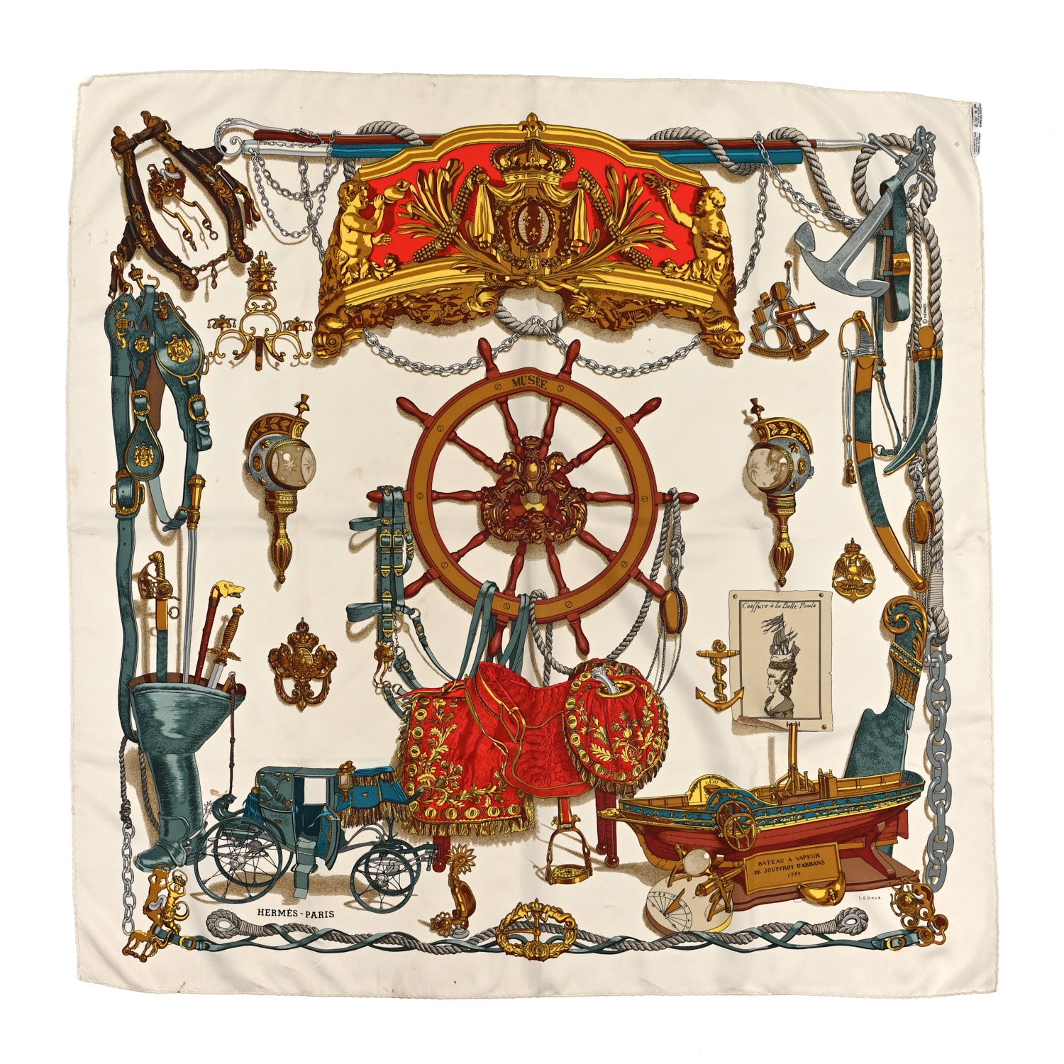 Hermes Silk Bateau A Vapeur De Jouffroy D’Abbans 1784 Scarf 90 1 of 4