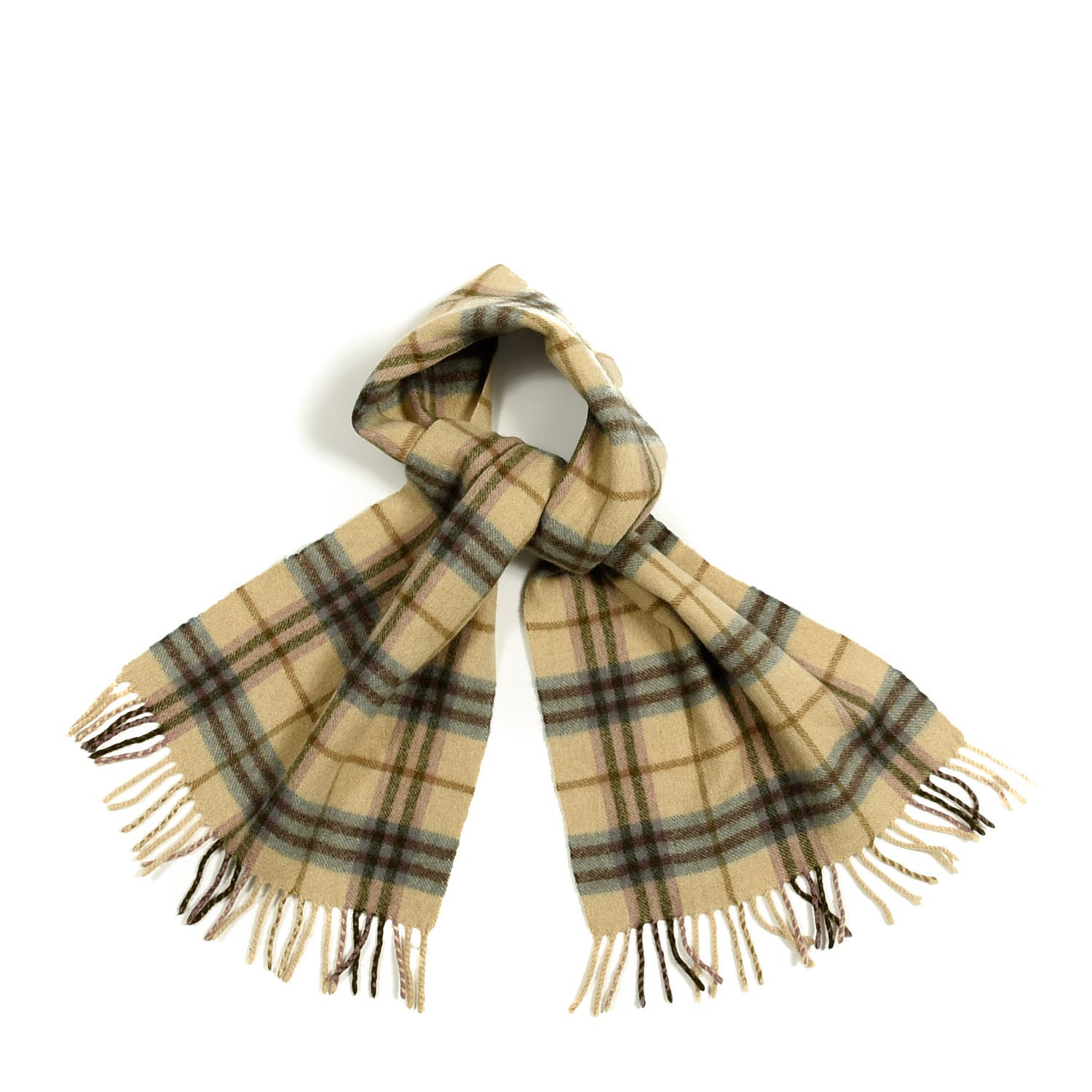 Burberry Cashmere Vintage Check Fringe Scarf Beige Blue 1 of 3