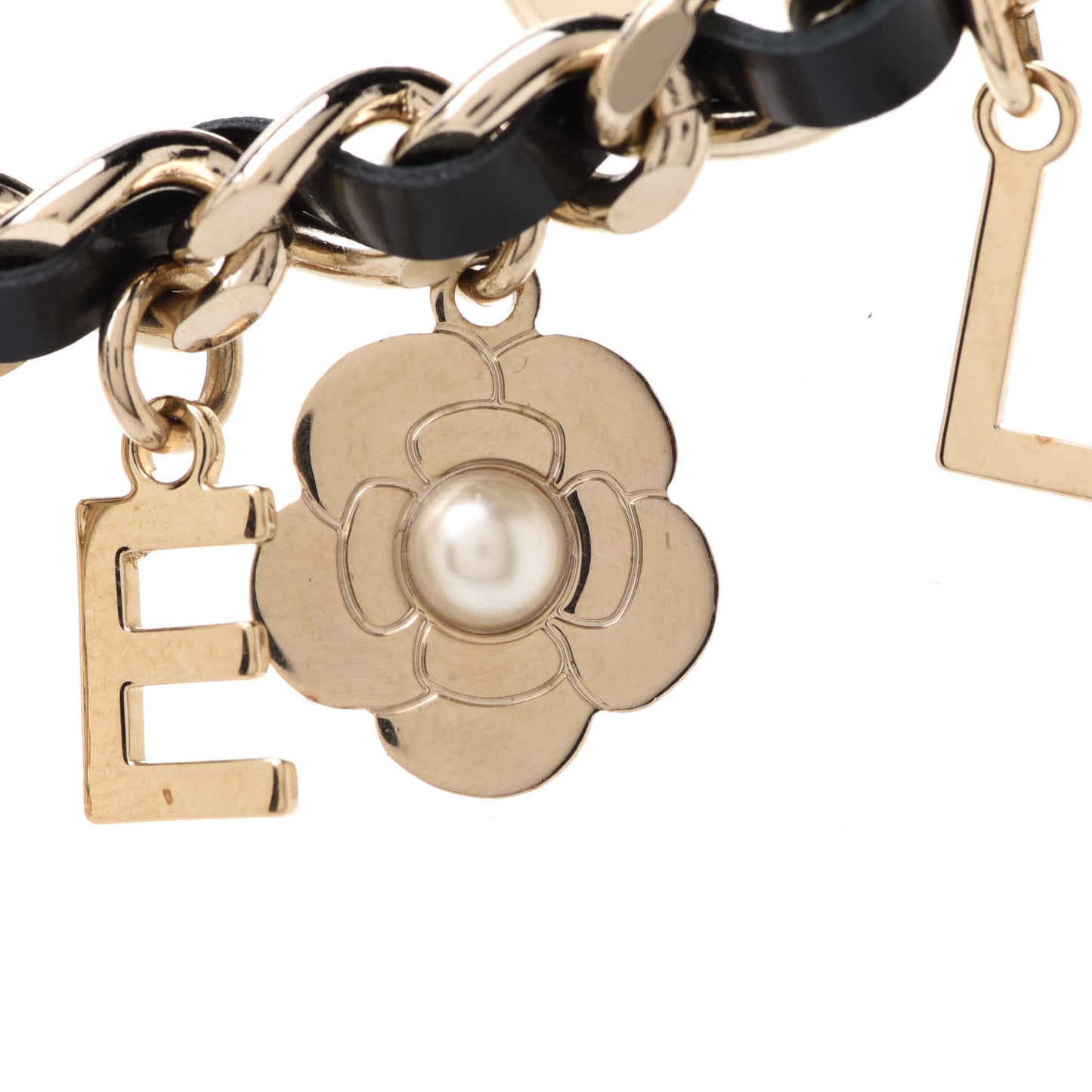 Metal Lambskin Crystal Chain CC Charms Bracelet Gold Black