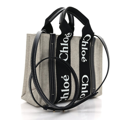 Chloe Cotton Calfskin Small Woody Ribbon Tote With Strap Black Blue 3 of 8