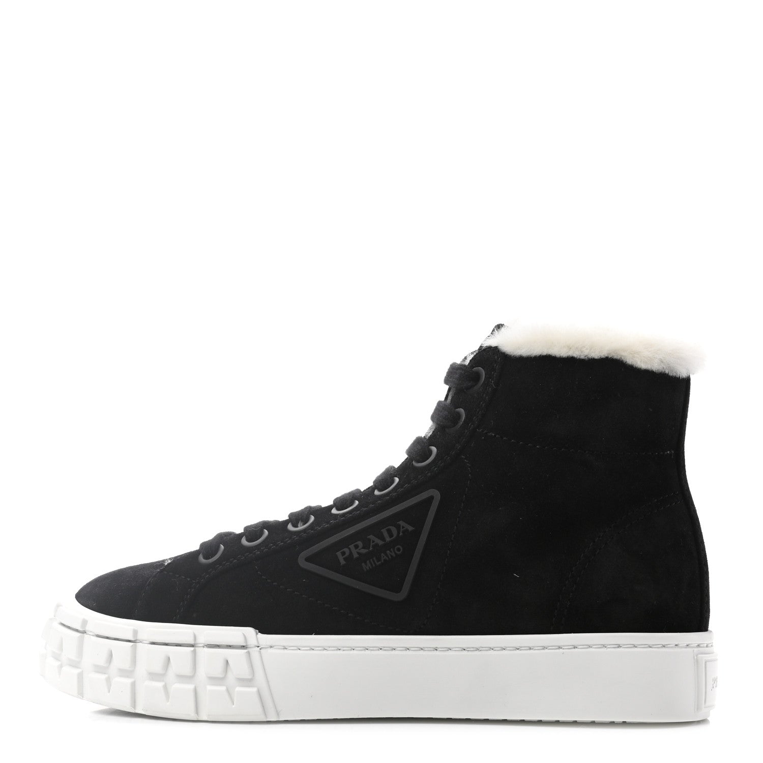 Prada Suede Shearling Triangle Logo Wheel High Top Sneakers 38 Black 1 of 8