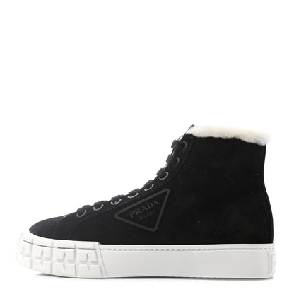 Prada Suede Shearling Triangle Logo Wheel High Top Sneakers 38 Black 1 of 8