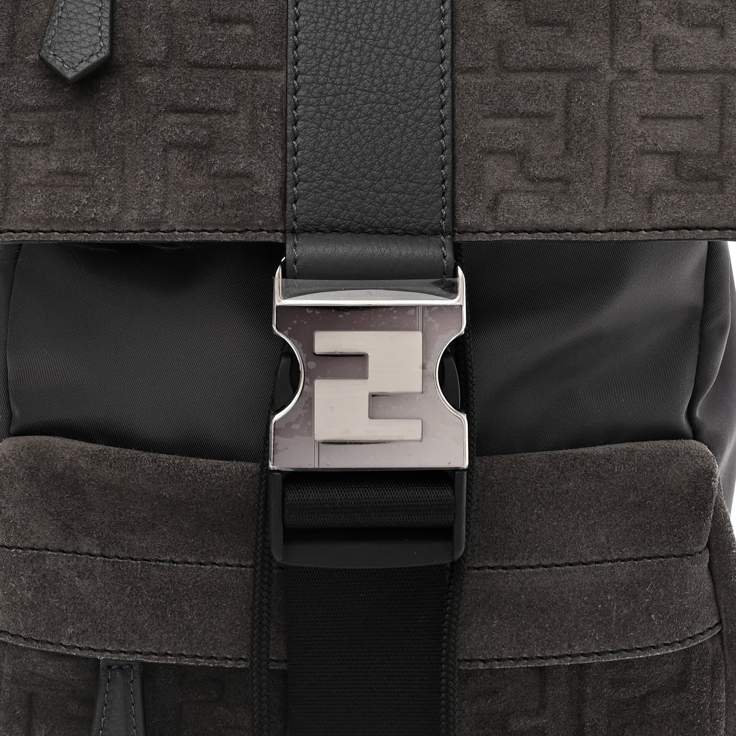 Fendi Suede Nylon Santander Cuoio Romano Bi-Color FF Embossed Small Fendiness Backpack Piombo Fango Grigio Polvere Asphalto 8 of 11
