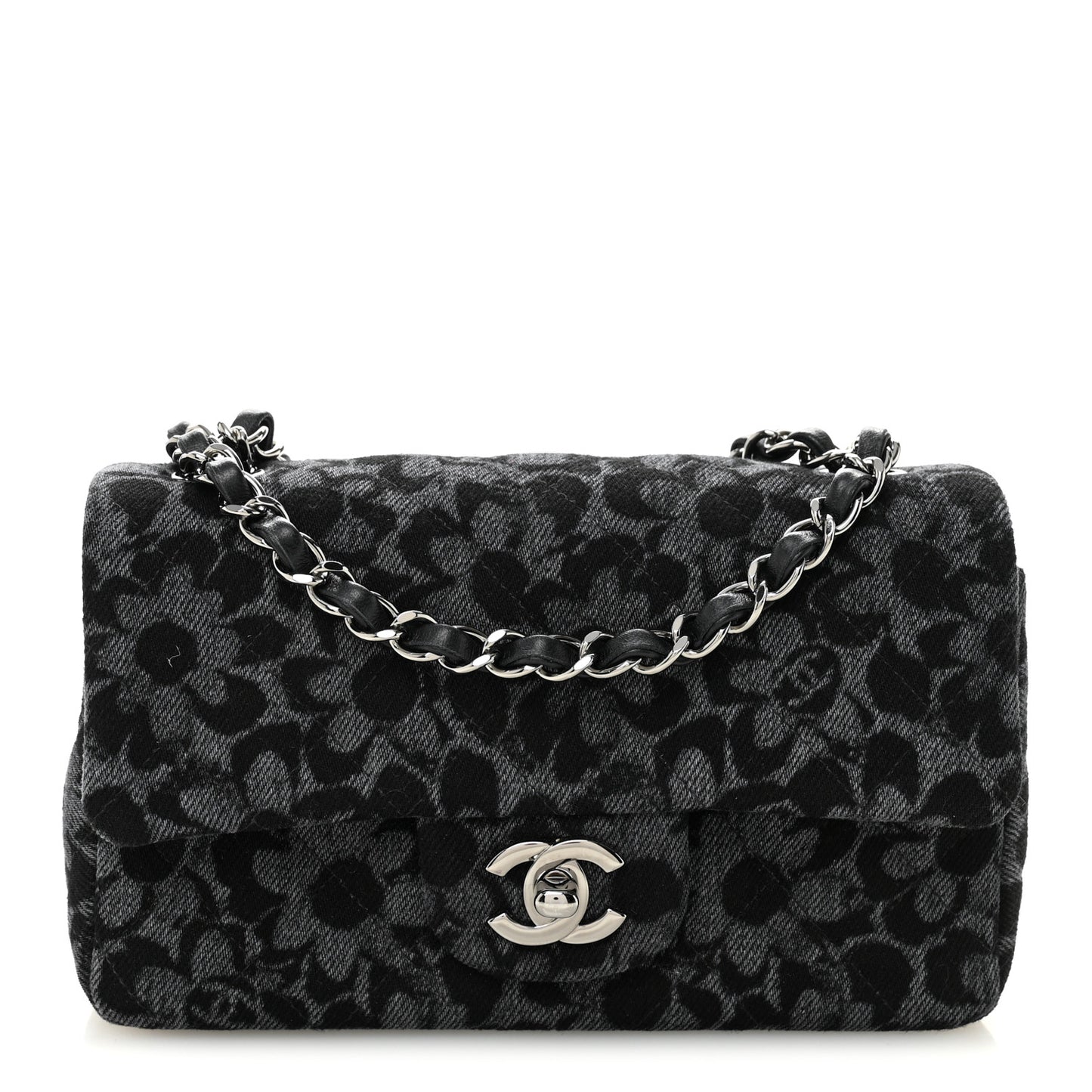 Printed Denim Quilted Flower Mini Rectangular Flap Black