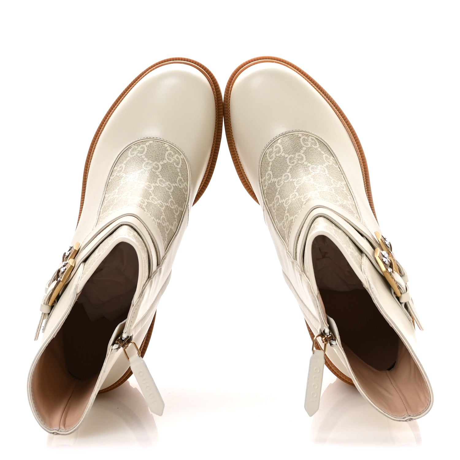 Gucci Kensington Calfskin Nappa GG Supreme Monogram Womens Double Buckle Ankle Boots 41.5 Mystic White Beige 2 of 9