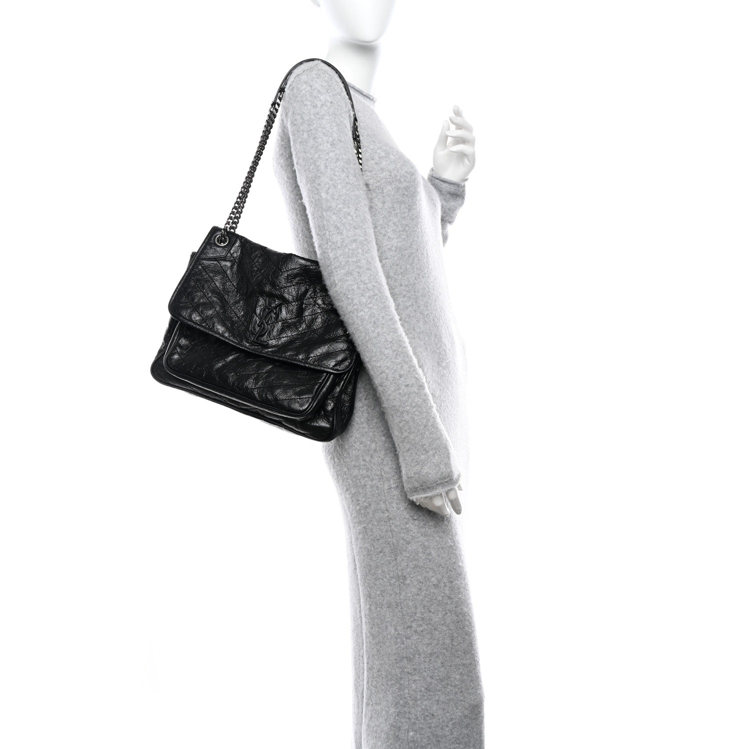 Saint Laurent Crinkled Calfskin Matelasse Monogram Large Niki Chain Satchel Black 2 of 10