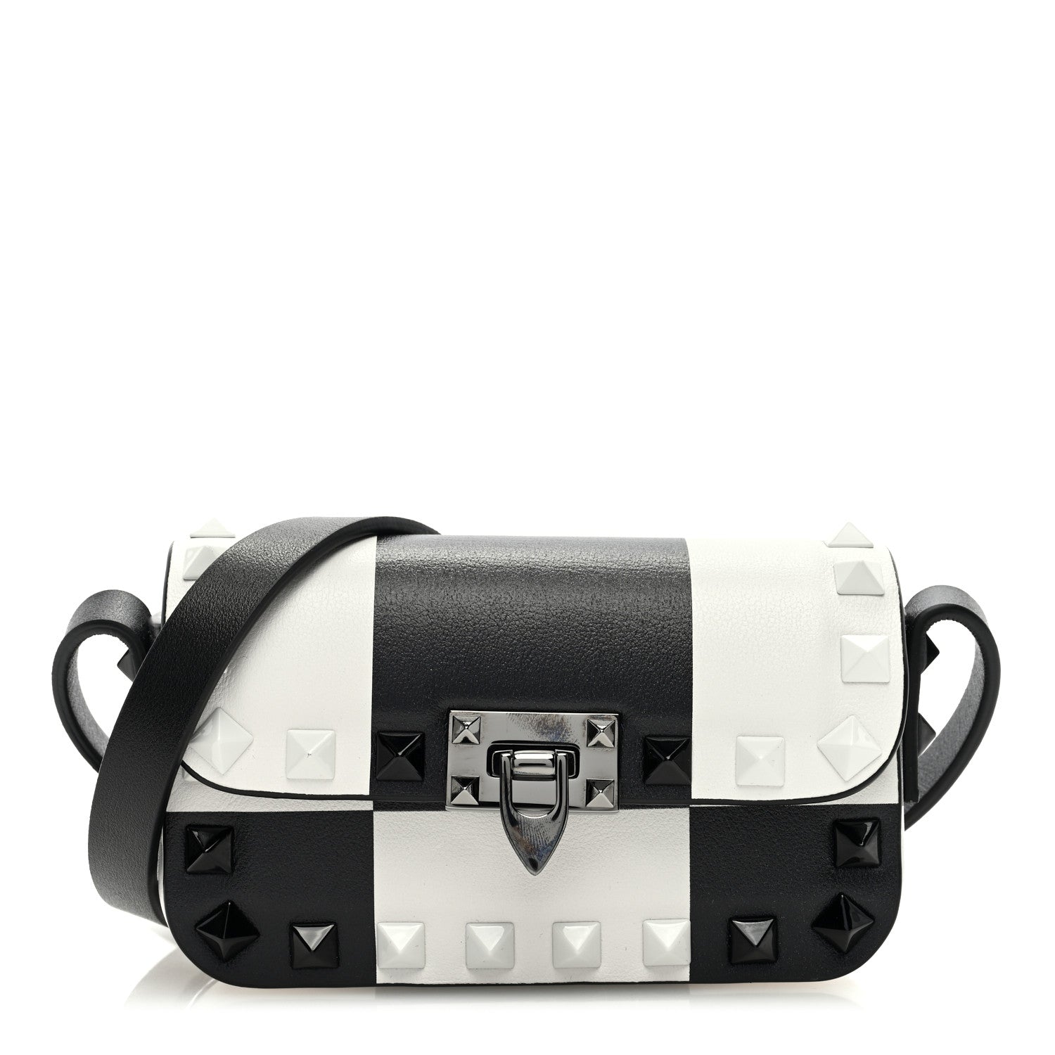 Valentino Garavani Vitello Chess Mini Rockstud Flip Lock Crossbody Bag Black White 1 of 8
