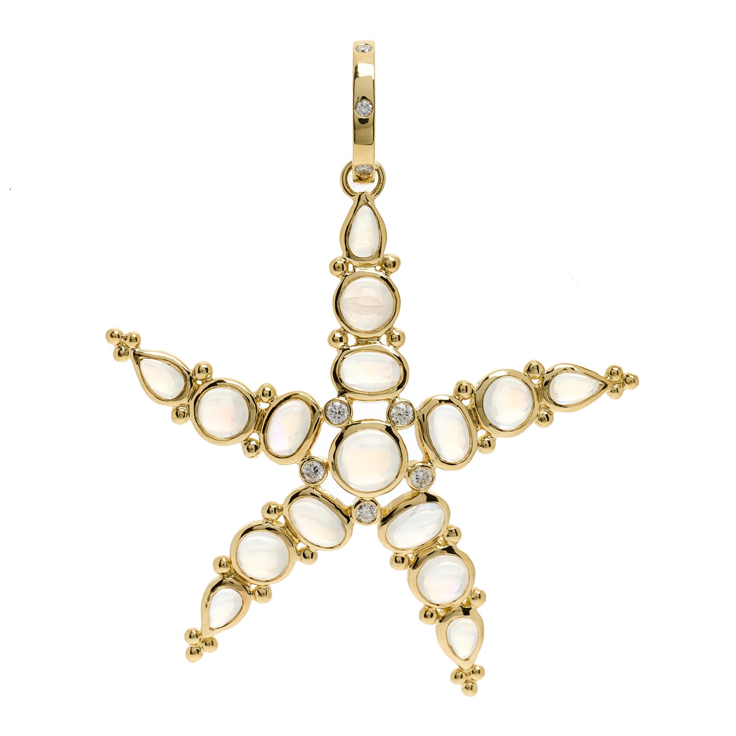 18K Yellow Gold Diamond Blue Moonstone Large Sea Star Pendant