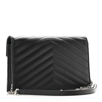 Saint Laurent Grain De Poudre Matelasse Chevron Monogram Envelope Chain Wallet Black 3 of 8