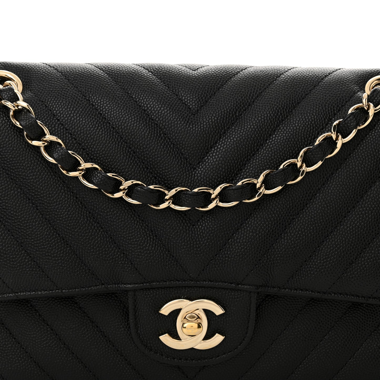 Caviar Chevron Quilted Medium Double Flap Black