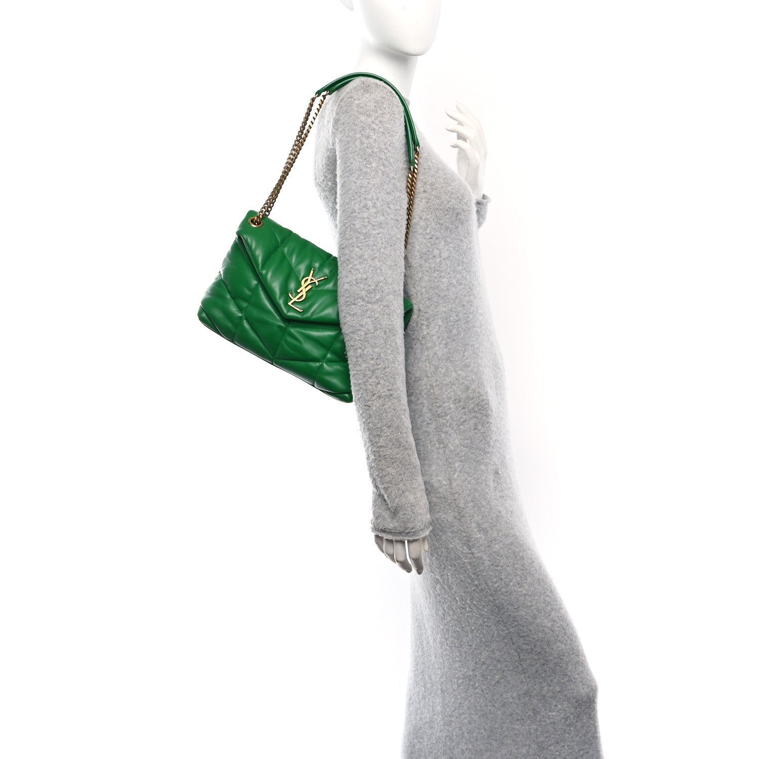 Saint Laurent Lambskin Quilted Small Loulou Puffer Monogram Chain Satchel New Vert 2 of 10