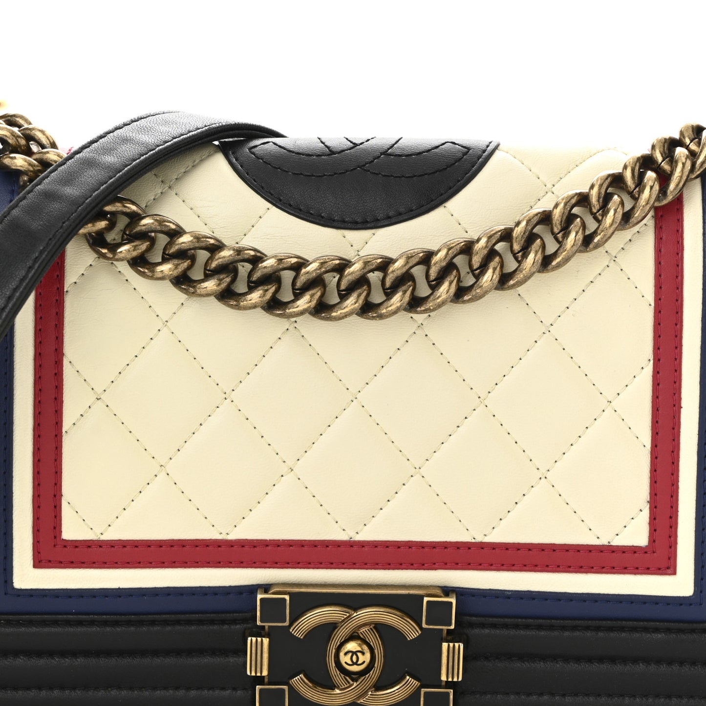 Lambskin Quilted Crest Embellished Medium Boy Flap Black White Blue