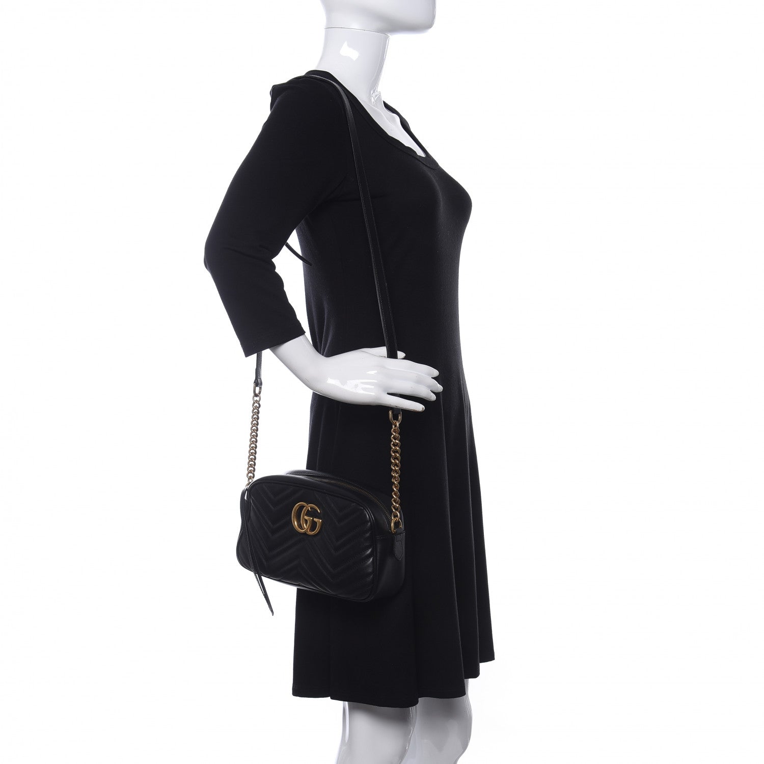 Gucci Calfskin Matelasse Small GG Marmont Chain Shoulder Bag Black 2 of 12