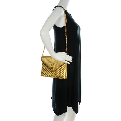Saint Laurent Metallic Lambskin Matelasse Chevron Medium Monogram Satchel Gold 2 of 8