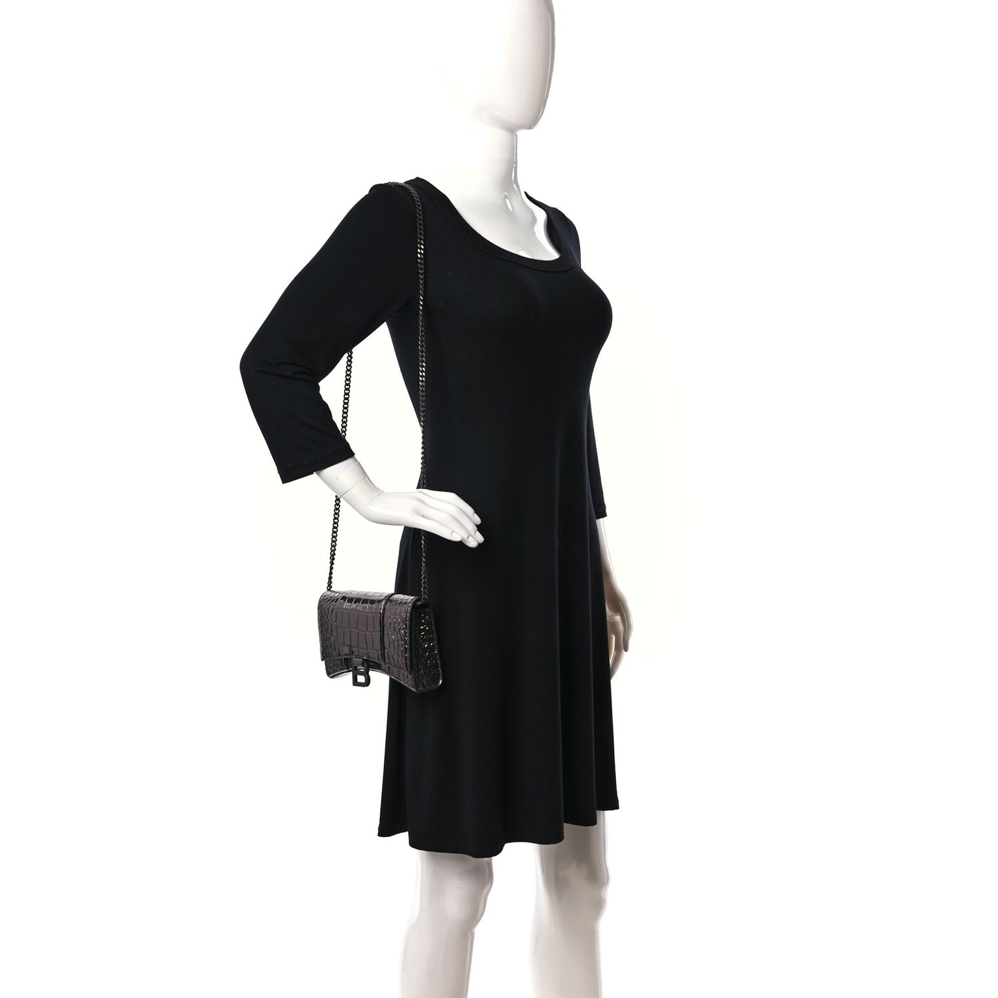 Shiny Calfskin Crocodile Embossed Hourglass Chain Bag Gunmetal