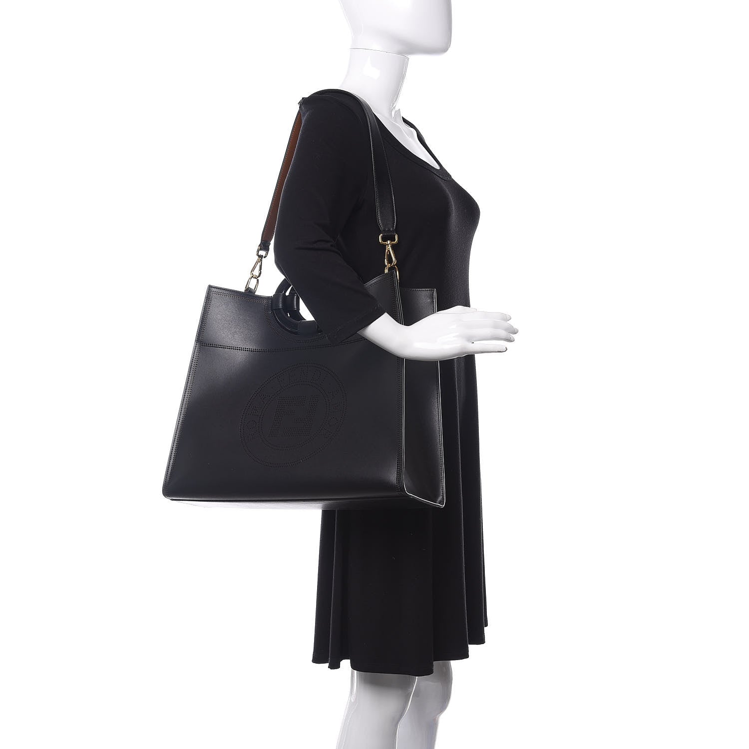 Fendi Vitello Liberty Plexiglass Stamp Patch Perforated Medium Runaway Shopper Tote Black 2 of 14