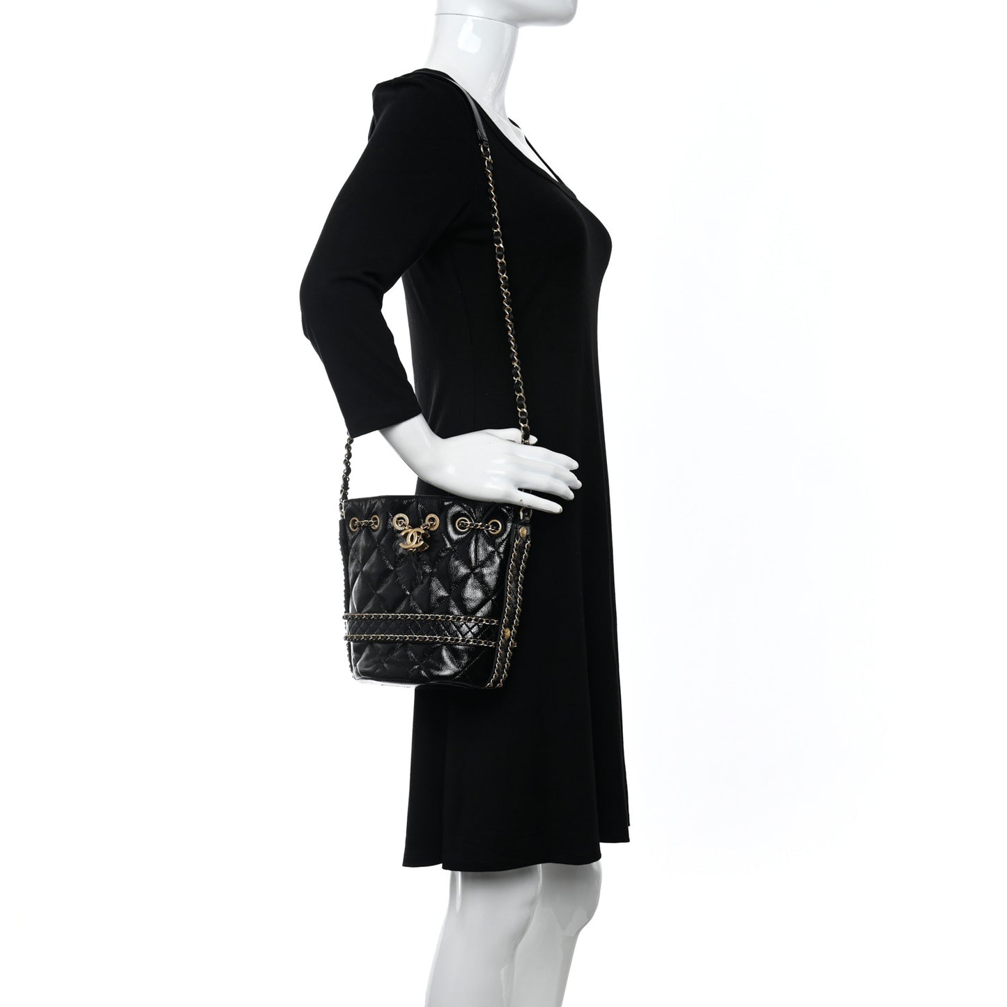 Shiny Aged Calfskin Quilted Chain Bucket Drawstring Bag Black